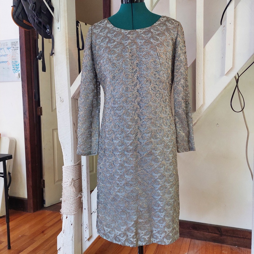 Vintage Clifton Wilhite Dallas Metallic Silver Gold‎ Lace Cocktail Dress 1960's